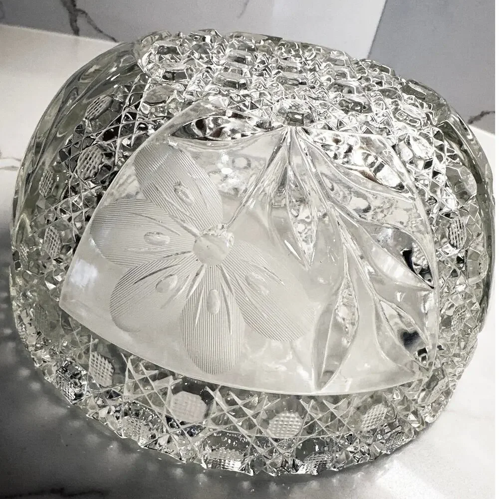 Antique American Brilliant Period Cut Glass Bowl Lead Crystal Floral Leaves 8”